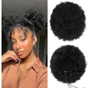100% Human Hair 2 Afro Puff Drawstring Ponytail Bun Extension Drawstring 1B